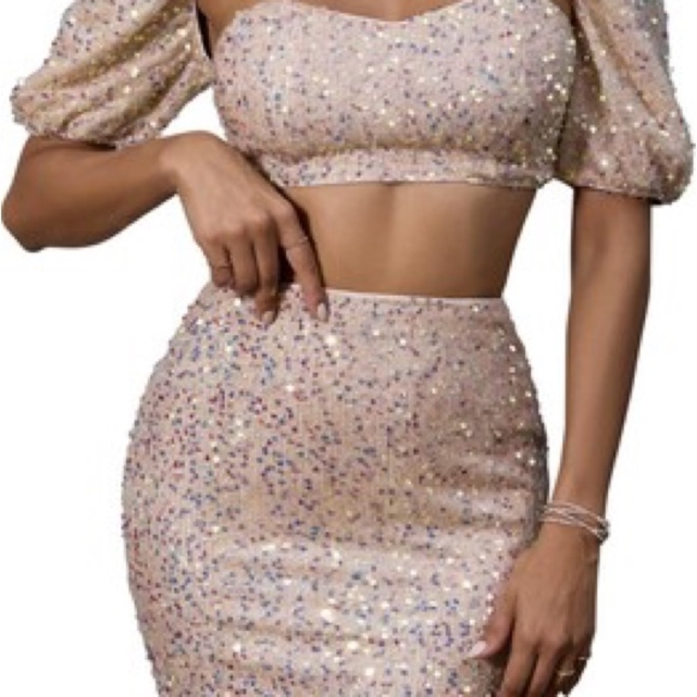 Sparkle Ruched Sleeveless 2 Piece Outfit Pink Size L
